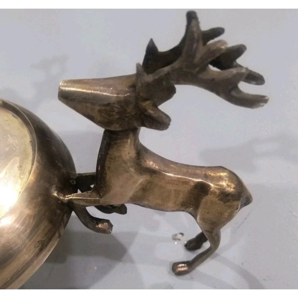 Vintage Solid Brass Reindeer Centerpiece Bowl Stand 3 Leaping Stag Deer 11